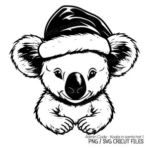 Carino Koala con cappello da Babbo Natale SVG / Animali di Natale PNG Silhouette linea nera Clip Art Amante Adorabile Decorazioni Illustrazione Design