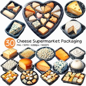 May include: A collection of 30 different cheese packaging designs. The packaging is made of clear plastic and features a variety of cheeses, including cheddar, brie, and mozzarella. The packaging is designed to be eye-catching and appealing to consumers.