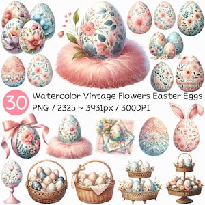 Akwarela Vintage Kwiaty Wielkanocne Jajka PNG | Pastelowy Różowy Miętowy Clipart Elegancki Kwiatowy Kosz Wstążka Koronka Uszy Króliczka Wiosenna Chusteczka Falbana