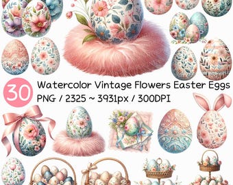 May include: 30 watercolor Easter eggs with vintage floral designs. The eggs are in various arrangements, including baskets, stands, and on their own. Some eggs have a pink, white, and blue color scheme, while others have a more muted color palette. The eggs are all hand-painted and have a delicate, vintage feel.