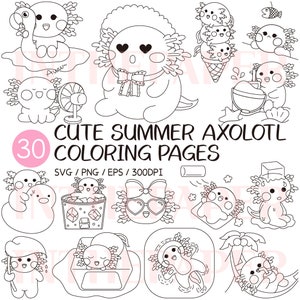 以下が含まれることがあります： 様々な夏のシーンで描かれた、かわいいウーパールーパーのイラストが特徴の、30枚の塗り絵のコレクション。画像は白黒の線画で、塗り絵に最適です。画像には「CUTE SUMMER AXOLOTL COLORING PAGES」と書かれています。