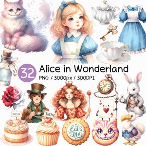Alicja w Krainie Czarów | Clipart akwarelowy Kot z Cheshire Wypij mnie Zjedz mnie Ciasto Biały Królik Szalony Kapelusznik Królowa Kier Czajnik Kieszonkowy Zegarek PNG