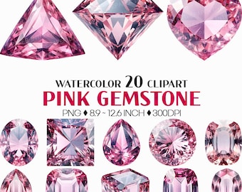 Pink Gemstone | Watercolor Clip Art PNG Asscher Emerald Oval Pear Round Princess Heart Triangle Brilliant Cut Jewel Crystal Illustration