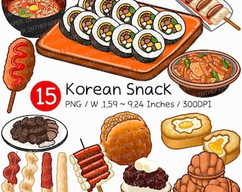 KOREANISCHER SNACK | Street Food Dessert Kimbap Ramen Hotteok Reiskuchen Tteokbokki Corn Dog Walnuss Ei Brot Wurst Menü Asiatisch Clipart PNG