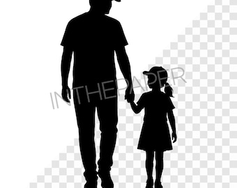 Father and daughter walking hand in hand wearing baseball cap | Silhouette art SVG EPS PNG Dad Girl Family Child Parent Love Vector Outline
