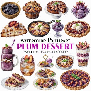 Plommondessert | Akvarell frukt sött bageri tårta scone tart yoghurt glass krispig skomakare dryck bakverk smoothie blåbär acai clipart PNG