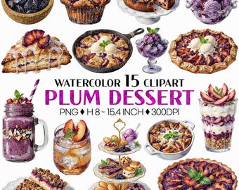 Plum Dessert | Watercolor Fruit Sweet Bakery Cake Scone Tart Yogurt Ice Cream Crisp Cobbler Drink Pastry Smoothie Blueberry Acai Clipart PNG
