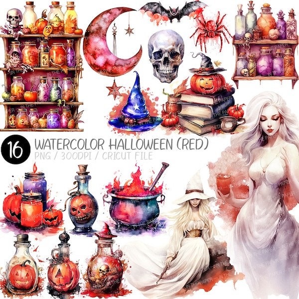 Watercolor Red Halloween PNG | White Hair Witch, Skull, Potion, Moon, Spider, Medicine Cabinet, Witch Hat, Bat, Candle, Pumpkin, clipart