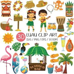 Imágenes prediseñadas de Luau / SVG hawaiano Verano PNG Aloha Linda Niña Niño Falda hula Flor tropical Traje de baño Gafas de sol Bar Palmera de coco Tiki Shin Djembe