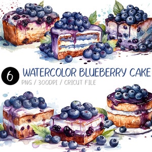 Clipart bosbessentaart aquarel | Dessert png, vierkante cake, halve cake, bladeren, druipende siroop, schattig eten, handgetekend, zoete bakker, kawaii