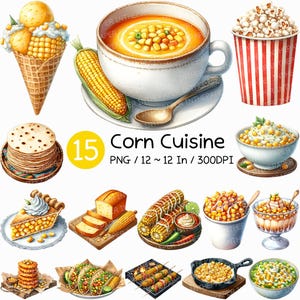 Puede incluir: Una colección de 15 ilustraciones digitales que presentan varios platos a base de maíz, incluyendo pan de maíz, maíz en la mazorca, sopa de maíz, helado de maíz y tortillas de maíz. Las ilustraciones son de estilo de dibujos animados y son perfectas para usar en proyectos de temática culinaria.