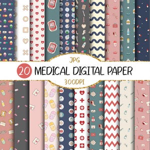 Op de afbeelding: Een set van 20 digitale papieren met medische themapatronen. De patronen omvatten pillen, verbanden, harten, kruisen en andere medische symbolen in verschillende kleuren. De papieren zijn 300 DPI en perfect voor scrapbooking, kaartmaken en andere knutselprojecten.