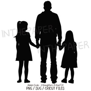 二人の娘と手をつなぐお父さん | 父の日 PNG、シルエット SVG、白黒、クリカット ファイル、女の子のクリップアート、子供、子供