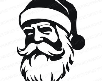 May include: A black and white graphic of Santa Claus's face, featuring a long, flowing beard and a traditional hat with a pom-pom. The image is a vector design, suitable for digital crafting projects. Text at the bottom reads "Admin Code - Santa face 1" and "PNG / SVG CRICUT FILES."