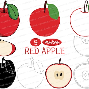 Könnte beinhalten: Eine Sammlung von neun Illustrationen roter Äpfel in verschiedenen Stilen. Die Bilder zeigen ganze Äpfel, Apfelscheiben und Umrisse, mit dem Text "RED APPLE" und "PNG/SVG".