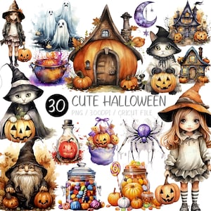 Puede incluir: Una colección de ilustraciones en acuarela con temática de Halloween. Las imágenes incluyen una casa de calabaza, fantasmas, gatos con jack-o'-lanterns, una araña y tarros de caramelos. Se muestra el texto "30 CUTE HALLOWEEN".