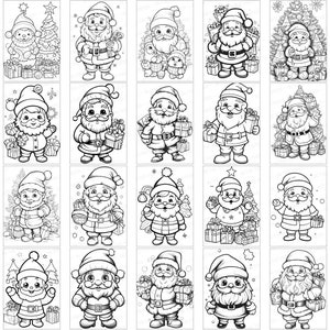 May include: A set of 20 black and white illustrations of Santa Claus in various poses. Santa is holding gifts, standing by a Christmas tree, and wearing a hat and beard. These illustrations are perfect for coloring pages, greeting cards, or other holiday crafts.