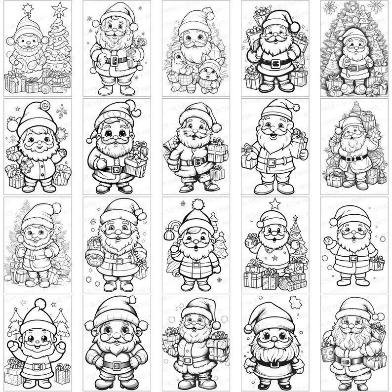 May include: A set of 20 black and white illustrations of Santa Claus in various poses. Santa is holding gifts, standing by a Christmas tree, and wearing a hat and beard. These illustrations are perfect for coloring pages, greeting cards, or other holiday crafts.