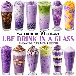 Op de afbeelding: Waterverf clipart van 10 verschillende Ube-dranken in glazen. De drankjes zijn paars, groen en geel, met verschillende toppings zoals slagroom, ijs en boba. De tekst op de afbeelding luidt "Ube Drink in a Glass."