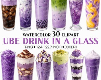 Ube Drink in Glass | Watercolor Clip Art PNG Purple Sweet Potato Iced Latte Boba Tea Hot Chocolate Smoothie Frappe Beverage Cafe Menu Art