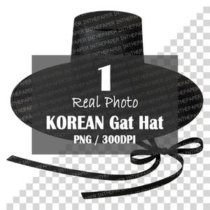 May include: A black Korean Gat hat with a wide brim and a ribbon. The image includes the text "Real Photo" and "KOREAN Gat Hat". The hat is a traditional Korean headwear.