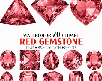 Red Gemstone | Watercolor Clip Art PNG amethyst Asscher Emerald Oval Pear Round Princess Heart Triangle Brilliant Cut Jewel Crystal