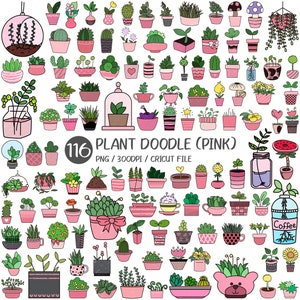 May include: An illustration featuring 116 pink plant doodles in diverse pots and containers. The image showcases a variety of succulents, cacti, and other plants, with the text "116 PLANT DOODLE (PINK)" and "PNG / 300DPI / CRICUT FILE".
