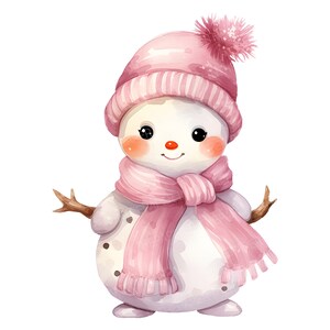 Adorabile pupazzo di neve con cappello rosa e sciarpa PNG / Acquerello, Clip Art, braccia di ramoscello, Accogliente, Carino, Decorazione invernale, Natale, affascinante, Digitale