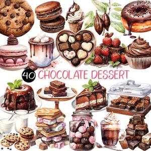 Chocolate Dessert PNG | Watercolor, Sweets Clip Art, brownies, cakes, cookies, cupcakes, donuts, fudge, gift boxes, ice cream, mousse, tart