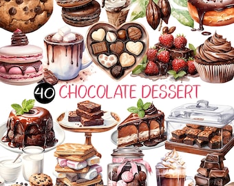 Puede incluir: Una colección de 40 ilustraciones de acuarela de postres de chocolate, que incluyen cupcakes, brownies, porciones de pastel, galletas, donas, macarons y chocolate caliente.