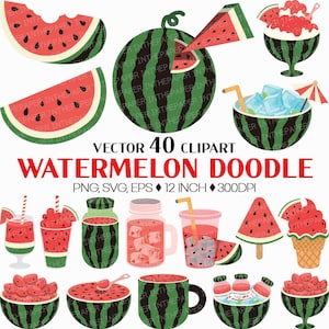 Watermelon Doodle | Summer Tropical Fruit Slice Drink Popsicle Shaved Ice Cup Smoothie Cute Bundle Clipart SVG PNG EPS