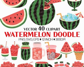 Watermelon Doodle | Summer Tropical Fruit Slice Drink Popsicle Shaved Ice Cup Smoothie Cute Bundle Clipart SVG PNG EPS