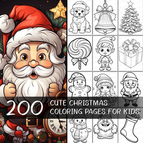 200 Cute Christmas Coloring Pages for Kids | Animal Book Children Santa Claus Dwarf Tree Snowman Winter Toy Bell Moster Socks Sweater Cookie