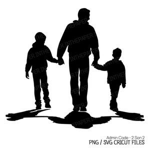 二人の息子と手をつないで歩くお父さん | 父の日 PNG、シルエット SVG、白黒、男の子のクリップアート、子供、子ども、兄弟、きょうだい