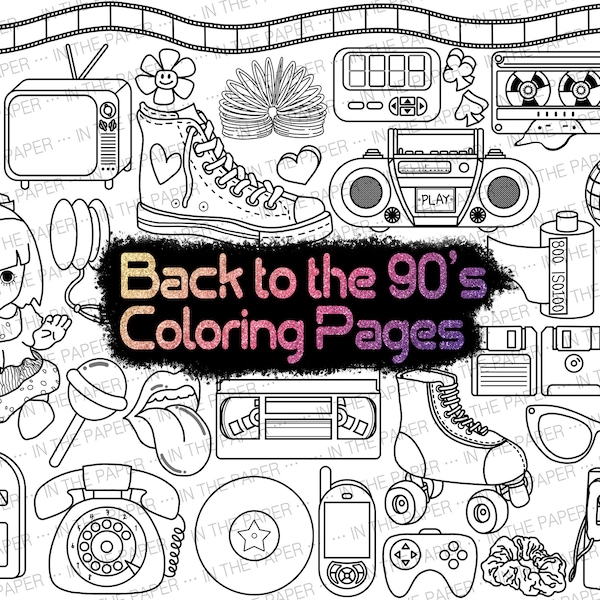 Back to the 90s Coloring Page | kids for, Book, Y2K, Retro, 80s, Payphone, Game Boy, Records, Vintage Phone, Retro Doll, Antique Milk Bottle