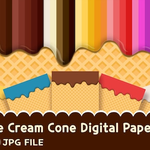 May include: Digital paper set featuring colourful ice cream cones with various flavours and toppings. The image includes a waffle cone pattern and dripping ice cream in shades of brown, yellow, blue, red, and white. The text reads "Ice Cream Cone Digital Papers 30 JPG FILE."