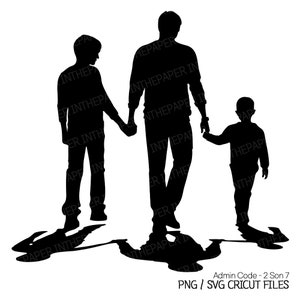 二人の息子と手をつないで歩くお父さん | 父の日 PNG、シルエット SVG、白黒、男の子のクリップアート、子供、子ども、兄弟、きょうだい