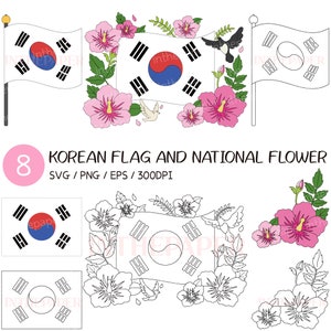 以下が含まれることがあります： 韓国の国旗と国花であるムクゲをピンクと白で描いたデジタルイラスト。国旗はカラーと白黒の両方で描かれている。