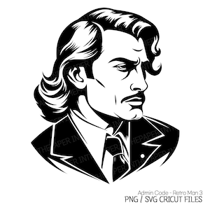 Pommade rétro coiffure homme noir Silhouette SVG | Vintage PNG costume illustration de mode années 70 80s stylet classique nostalgique haut du corps dessin au trait