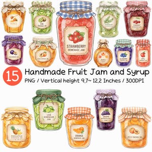 May include: A collection of 15 watercolor illustrations of homemade fruit jams and syrup in glass jars. Jars include strawberry, blueberry, apple, and pineapple. The vertical height is between 9.7 and 12.2 inches.