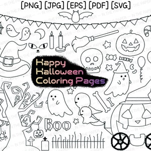 May include: Black and white Halloween-themed illustrations, including a witch's hat, ghosts, a pumpkin, and the text "Happy Halloween Coloring Pages." Other elements include a spider web, a bat, and a broom.