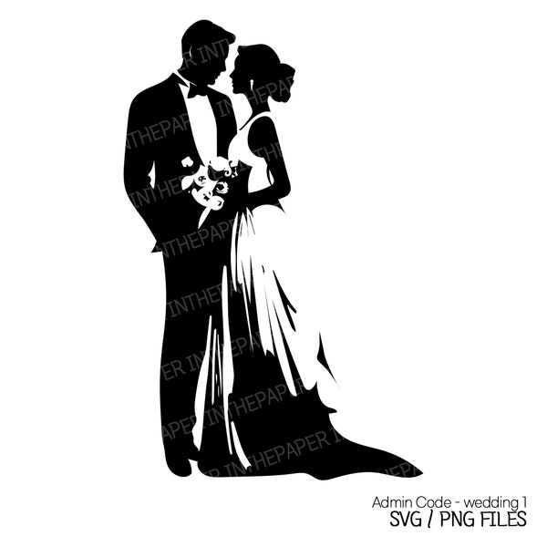 Wedding SVG | Marriage PNG couple wedding dress tuxedo bouquet earrings bun hair elegant black silhouette man woman line art vector Clip art