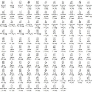May include: A set of 70 black and white illustrations of various Christmas-themed images, including animals, houses, trees, kids, Santa Claus, and snowmen. Each image is labeled with a number and a file extension.