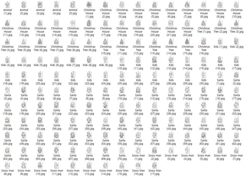 May include: A set of 70 black and white illustrations of various Christmas-themed images, including animals, houses, trees, kids, Santa Claus, and snowmen. Each image is labeled with a number and a file extension.