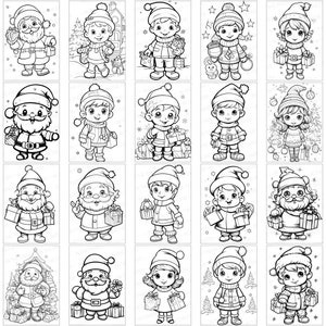 May include: A set of 20 black and white coloring pages featuring various characters celebrating Christmas. The characters include Santa Claus, children, and elves. Each character is holding a gift box or bag. The coloring pages are perfect for kids to color and enjoy the holiday season.