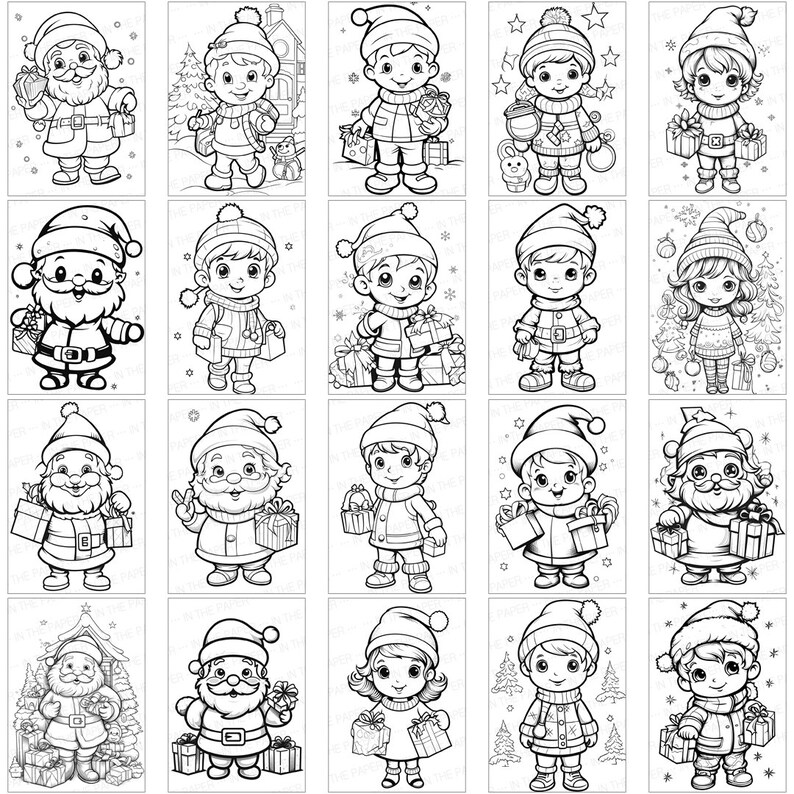 May include: A set of 20 black and white coloring pages featuring various characters celebrating Christmas. The characters include Santa Claus, children, and elves. Each character is holding a gift box or bag. The coloring pages are perfect for kids to color and enjoy the holiday season.