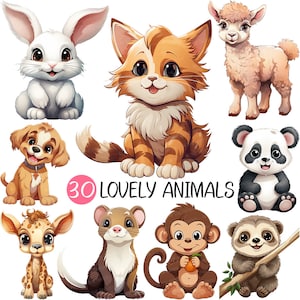 May include: A collection of 30 cute cartoon animals, including a white rabbit, orange cat, brown and white sheep, black and white panda, brown and white dog, a brown and white ferret, a brown monkey holding an orange, a brown sloth, and a brown and white giraffe. The text "30 LOVELY ANIMALS" is in the center of the image.