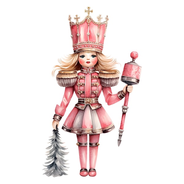 Blonde female soldier toy wearing a gold-trimmed pink uniform PNG | Watercolor Clip art Cozy elegant toy unique Christmas tree golden crown