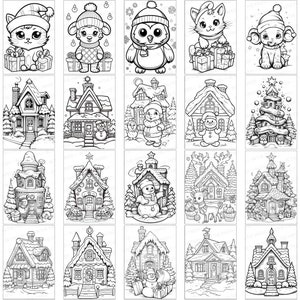 May include: A set of 20 black and white illustrations featuring winter holiday themes. The illustrations include a cat, an owl, a snowman, a Christmas tree, and houses. These illustrations are perfect for coloring pages, greeting cards, or other creative projects.