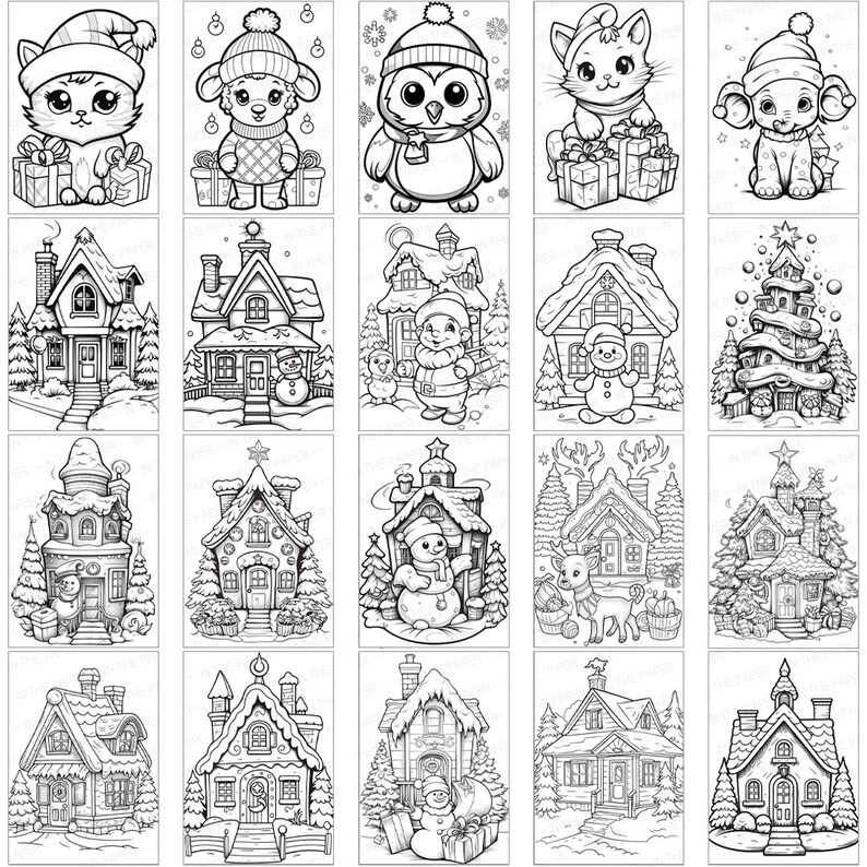 May include: A set of 20 black and white illustrations featuring winter holiday themes. The illustrations include a cat, an owl, a snowman, a Christmas tree, and houses. These illustrations are perfect for coloring pages, greeting cards, or other creative projects.